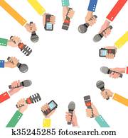Set of hands holding microphones and voice recorders. Set of hands holding microphones and voice recorders.