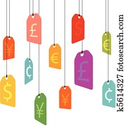 ahorcadura, pricetags, con, moneda, señales