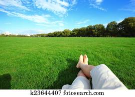 relaxe, descalço, apreciar, natureza