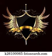 Ancient shield with gold wings, gold ribbon and sword. Ancient shield with gold wings, gold ribbon and sword.