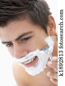 homem, raspar, e, sorrindo