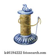 נדיר, בציר, הטל ברזל, גן, שזור, מאחז, עם, bird., העבר, צייר, וואטארכולור צובע, בלבן, רקע