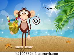Monkey with pineapple drink on the beach Monkey with pineapple drink on the beach