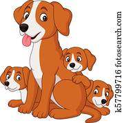 ציור היתולי, אמא, כלב, עם, שלה, חמוד, גורים