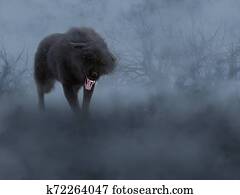 3d, השבה, של, a, שחור, זאב, עם, מבריק, אדום, eyes.