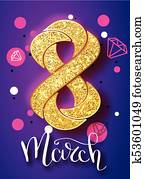 8 March gold glitter for Women Day greeting card and luxury text lettering on a white background. Womans Day concept design. Calligraphic pen inscription. Vector illustration EPS10.
