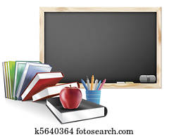 Classroom with Chalkboard Books Pens and Apple Classroom with Chalkboard Books Pens and Apple