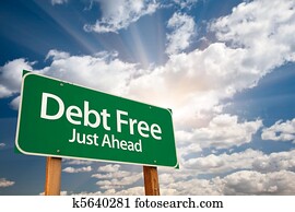 Debt Free Green Road Sign and Clouds