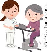 mulher sênior, exercitar, ligado, estacionário, bicicletas, em, classe aptidão