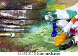 pintura, cores, e, escovas, ligado, paleta artista