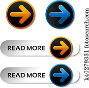 וקטור, קרא, יותר, כפתורים, עם, חץ, -, מדבקות, ב, ה, רקע לבן