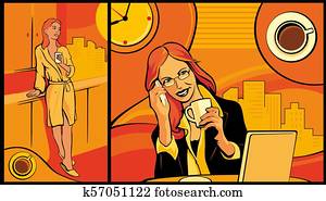 büroangestellte, frau, kaffeetrinken, und, sprechen, auf, dass, telefon. büroangestellte, frau, kaffeetrinken, und, sprechen, auf, dass, telefon.