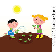 niños, plantación, plantas, en, jardín