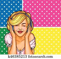 Vector pop art woman in headphones enjoying music with eyes closed