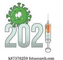 עטרה, וירוס, covid-19, ציור היתולי, עם, ראש שנה, 2021, vaccine., וקטור, דוגמה