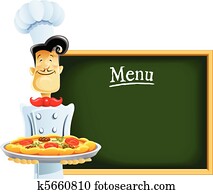 cozinheiro, com, pizza, e, menu
