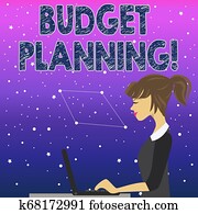 handschrift, text, budget, planning., begriff, bedeutung, prozess, firma, oder, einzelpersonen, auswerten, einkommen, aufwendungen, foto, von, jung, emsige, frau sitzen, seitenansicht, und, arbeiten, sie, laptop.