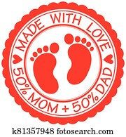 Made with love sign with baby footprint, 50% Mom + 50% Dad, vector illustration Made with love sign with baby footprint, 50% Mom + 50% Dad, vector illustration