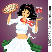 Italian girl with pizza and wine Italian girl with pizza and wine