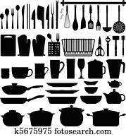 utensílios cozinha, silueta, vetorial