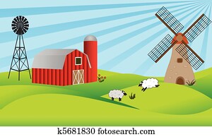 ackerlandschaft, mit, scheune, und, windmühle ackerlandschaft, mit, scheune, und, windmühle