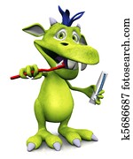 Cute cartoon monster brushing his teeth.