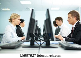 filas, de, trabalhadores escritório