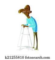 cartoon old man with walking frame cartoon old man with walking frame