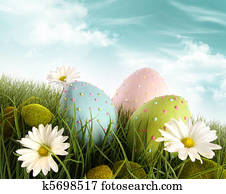 decorado, ovos páscoa, em, a, capim, com, margaridas