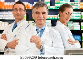 equipe, de, farmacêuticos, em, farmácia