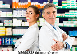 equipe, de, farmacêuticos, em, farmácia
