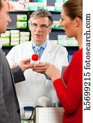 farmacêutico, com, fregueses, em, farmácia