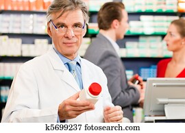 farmacêutico, com, fregueses, em, farmácia