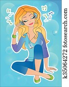 bonito, mulher, escutar, a, música