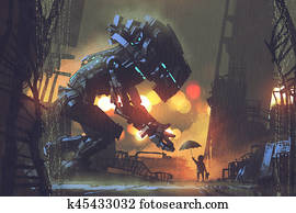 kid giving umbrella to giant robot kid giving umbrella to giant robot