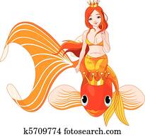 Mermaid riding on a golden fish Mermaid riding on a golden fish