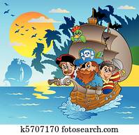 Three pirates in boat near island Three pirates in boat near island
