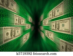 $100, חשבונות, לטוס, דרך, a, ירוק, vortex,, עם, קירות, של, בינארי, code,, possibly, להציג, מהירות גבוהה, פדה, flow,, או, e-commerce.