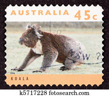 Canceled Australian Postage Stamp Koala Bear Sitting on Grassy Ground Canceled Australian Postage Stamp Koala Bear Sitting on Grassy Ground