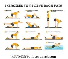 Exercise set to relieve back pain. Stretching and training Exercise set to relieve back pain. Stretching and training
