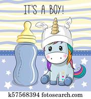 söt, tecknad film, enhörning, med, utfodring buteljera