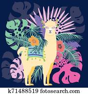 לאמה, עם, אקזוטי, עוזב, ו, פרחים