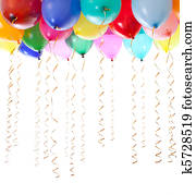 colourful balloons filled with helium and with golden streamers isolated on white colourful balloons filled with helium and with golden streamers isolated on white