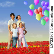 family of four in red field and balloons collage