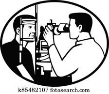 Patient and Optician or Optometrist with Eye Test Equipment Testing for Eye Exam Retro Black and White