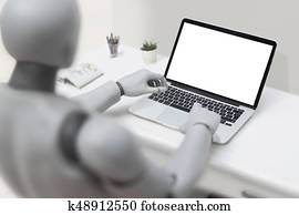 robô, usando computador portátil, -, inteligência artificial, conceito
