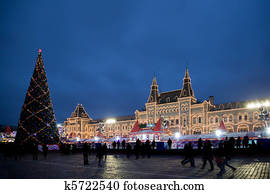 skating-rink, ב, מרובע אדום, ב, מוסקווה, ב, night., גדול, ראש שנה, עץ., מסטיק, להחליף, דיר