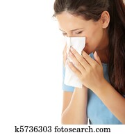 adolescente, mulher, com, alergia, ou, gelado