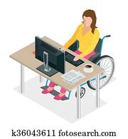 behindertes, frau, in, rollstuhl, in, a, büro, arbeiten, a, computer., flache, 3d, isometrisch, vektor, illustration., internationale, tag, von, personen, mit, disabilities.