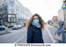 Coronavirus in city, prevention and protection concept. Coronavirus in city, prevention and protection concept.